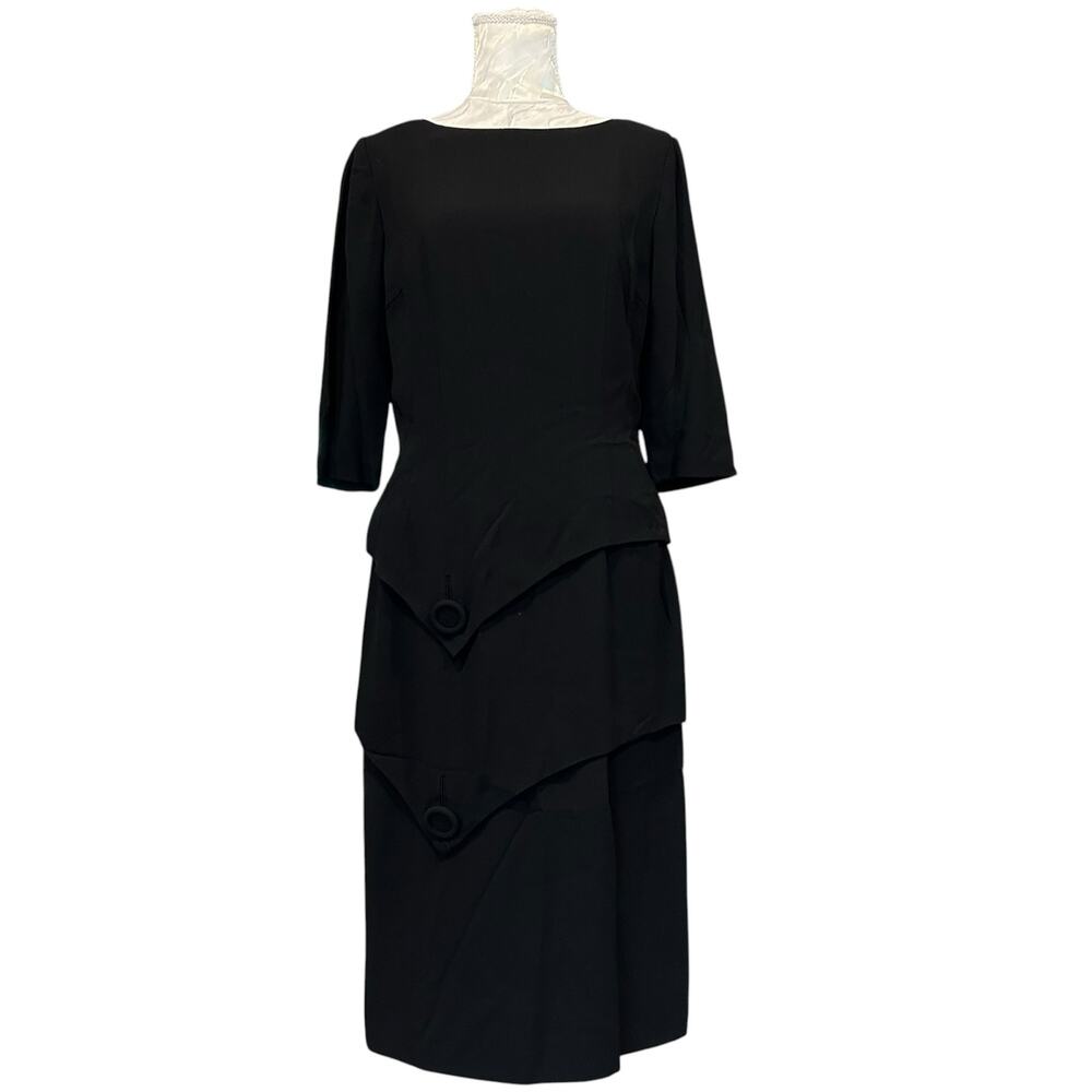 Vintage 60s Black Peplum Midi Dress Bateau Neck 3/4 Sleeve Size 8 - Picture 3 of 16